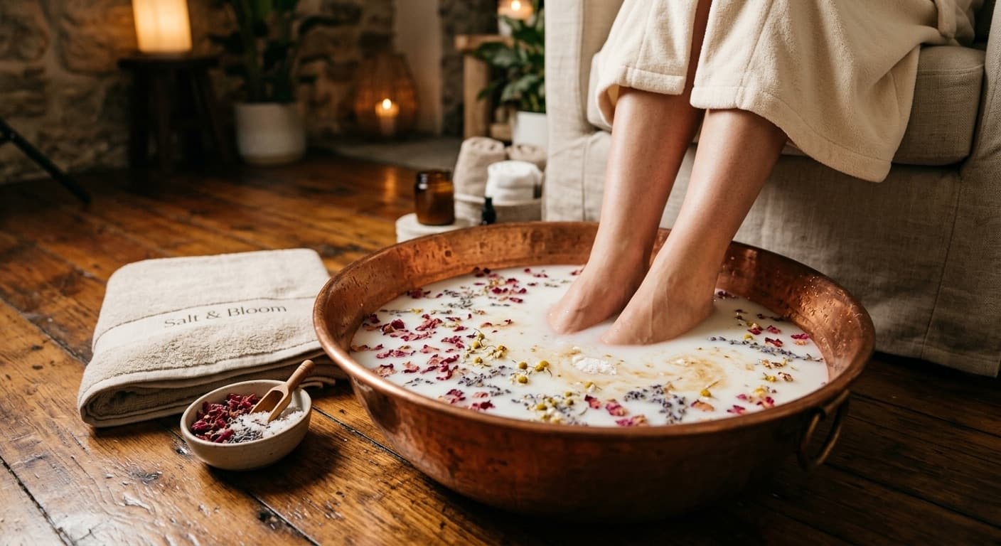 A hand-hammered copper basin of warm milky water scattered with rose petals, chamomile and lavender, feet resting in it beside a Salt & Bloom towel